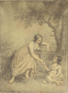 A Young Lady Offering An Apple To A Girl In A Forest A Young Lady Offering An Apple To A Girl In A Forest