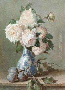 White Roses In A Blue And White Vase by Catharina Kiers