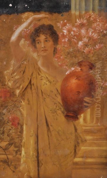 Woman Carrying A Vase Of Flowers - view 1