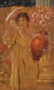 Woman Carrying A Vase Of Flowers by Conrad Kiesel