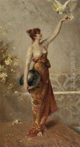 Manuela. Stehende Junge Spanierin Lockt Einen Kakadu Auf Ihre Hand by Conrad Kiesel