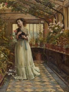 Dora, Laughing Held The Dog Up Childishly To Smell The Flowers by George Goodwin Kilburne