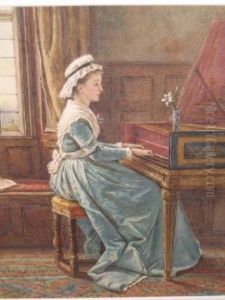 Interior With Young Woman Playing A Harpsichord by George Goodwin Kilburne