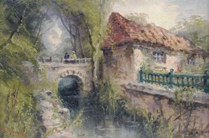 Feeding The Ducks; And Cottage With Figures On A Bridge Over A Stream