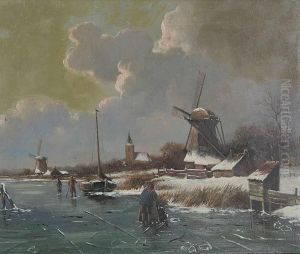 Hollands Bevroren Rivierlandschap Met Figuren Op Het Ijs Nabij Windmolens by Cornelis Kimmel