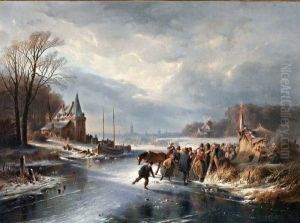 Ijsvermaak Met Op De Voorgrond Vele Figuren Bij Een Koek En Zopie by Cornelis Kimmel