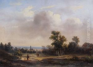 Landschaft Mit Kirchturm, Muhle, Hausern Und Passanten