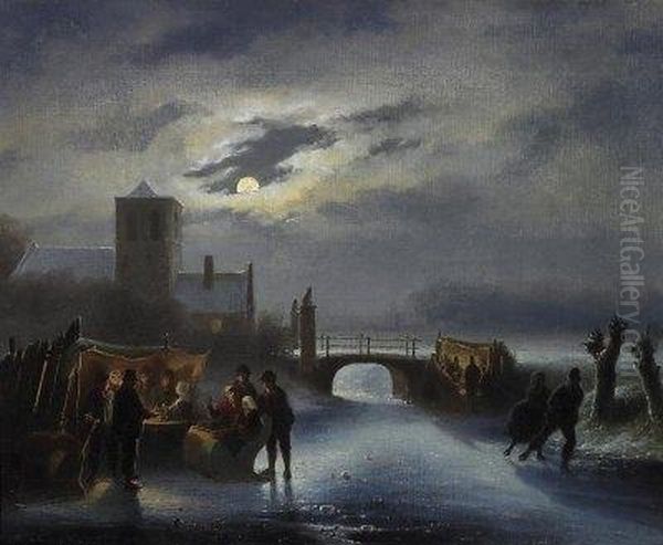 Amused Round In Winterly Moonlit Setting. Signed Lower Left: C. Kimmel - view 1