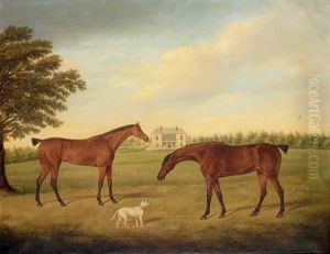 Two Hunters And A Dog In The Grounds Of Boulston House, Near Haverfordwest, Pembrokeshire by Hayter Kinch