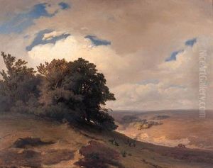 An Extensive Landscape With Peasants By A Campfire