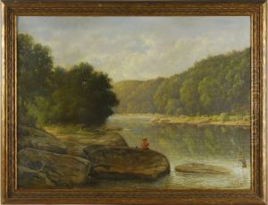Two Young Fishermen By A Rocky River by Albert F. King