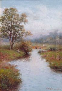 Tranquil River And Footbridge In Summer