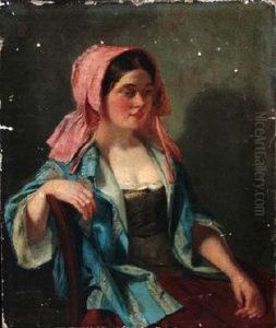 A Young Woman Wearing A Red Bonnet Seated In A Chair by Haynes King