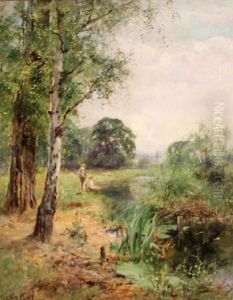 A View Of A Quiet Stream With Boys Fishing by Henry John Yeend King