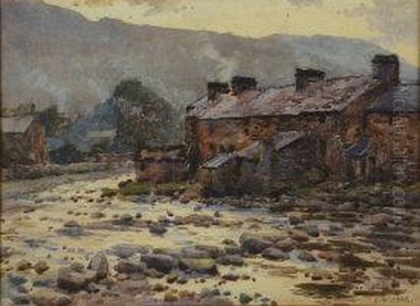 'beddgelert, North Wales', Riverside Cottages At Dusk - view 1