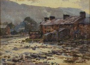 'beddgelert, North Wales', Riverside Cottages At Dusk by John W. King