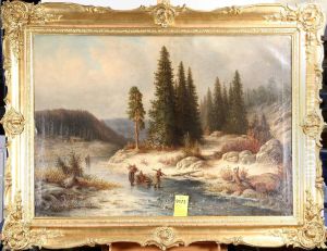 Lars Gustav : Vinterlandskap Med Figurer Pa Is, Signerad G. Kinmanssson 1860