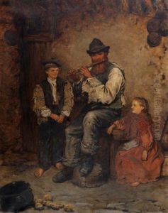 Man Playing The Flute To A Young Boy And Girl by Frederick Gerald Kinnaird