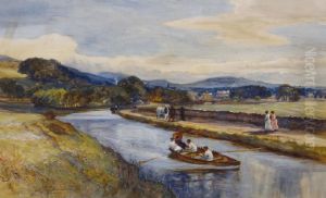 Figures Enjoying A Rowing Boat Ride Along The River by James Scott Kinnear
