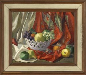 Still Life Of Fruit In A Basket On A Draped Table
