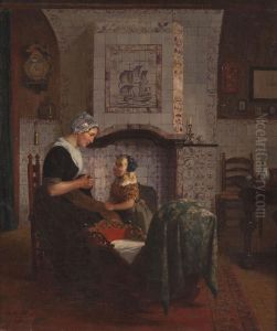 Mutter Mit Ihrer Tochter An Der Wiege by Otto Karl Kirberg