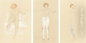 Seated Nude; Girl In White Breeches; And Blue Stockings by Raphael Kirchner