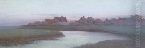 C- Cottages By A River At Sunset by Ida Marion Kirkpatrick