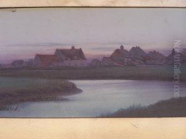 Cottages By A River At Sunset - view 1