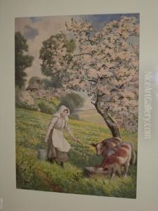 Young Maid Feeding The Calves