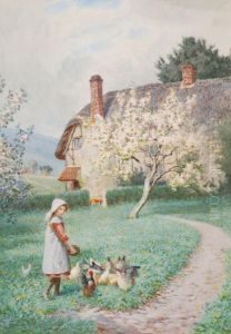 Ayoung Girl Feeding Chickens by Joseph Kirkpatrick