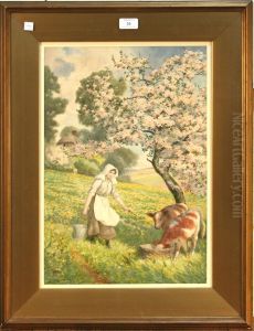 Landscape With Womancarrying A Pail Of Water Towards Calves Feeding Beneath A Tree Inblossom by Joseph Kirkpatrick