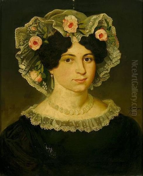 Portrait Einer Jungen Fraumit Perlenkette, Spitzenhaube Mit Rosenbluten Und Schwarzem Kleid - view 1