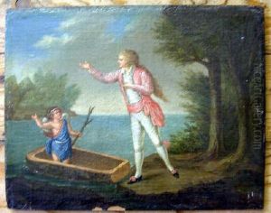 Gentleman Alongside Cupid In A Boat Bears Signature 10.25 X 13in