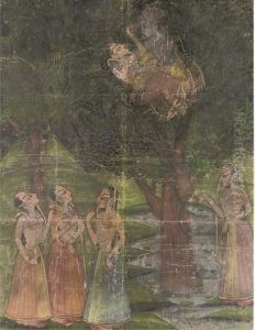 Depicting Krishna Making Love To A Gopi In A Tree, Three Other Gopis Looking On From Below by Pichvai Kishangarh