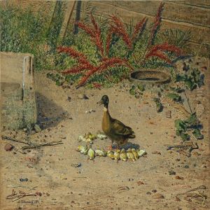 Mother Duck With Her Ducklings by Johann Adolf Kittendorff