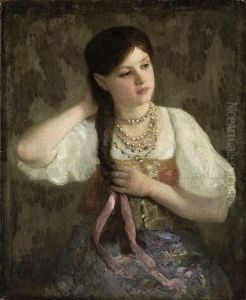 Portrait Of A Young Girl With A Pink Ribbon by Aleksei Danilovich Kivshenko
