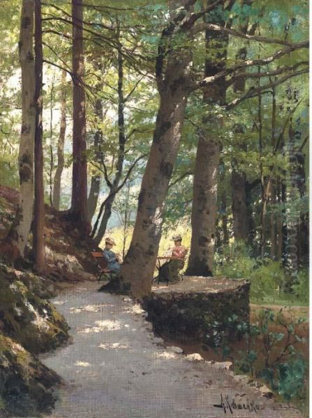 Two Ladies At Rest In A Wooded Landscape - view 1