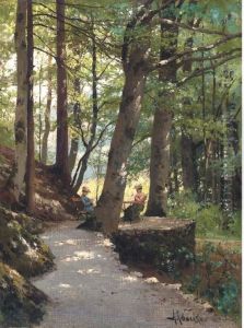 Two Ladies At Rest In A Wooded Landscape