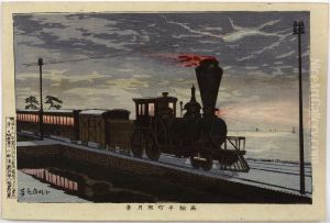 Running Steam Locomotive At Night In Takanawa by Kobayashi Kiyochika