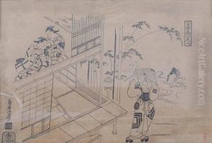 Zwei Damen Auf Der Veranda, Vor Dem Haus Ein Schauspieler. by Torii Kiyomasu