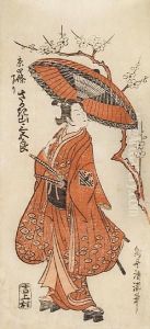 Holding A Parasol Beneath Flowering Plum Blossoms by Torii Kiyomitsu