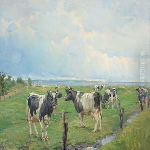 Grazing Cows Near A Coast by Harald Kjaer