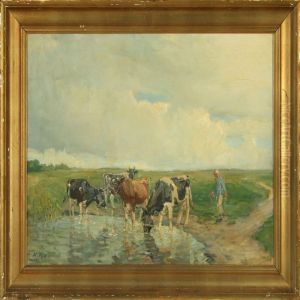 Cows In The Field At A Small Pond by Harald Kjaer