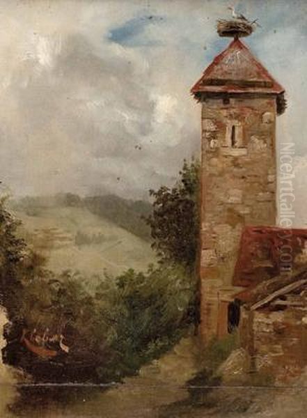 Turmgemauer Mit Storchennest In Landschaft - view 1
