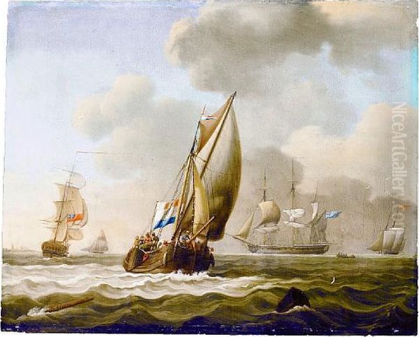 British Frigates And Other Vessels Offshore In A Swell, With A Dutch Hoy -traditionally Identified As The
Minerva
Of Vlissingen - Heading Out To Sea - view 1