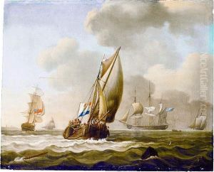 British Frigates And Other Vessels Offshore In A Swell, With A Dutch Hoy -traditionally Identified As The 
Minerva 
 Of Vlissingen - Heading Out To Sea