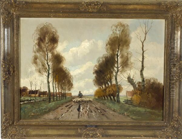 Schafer Mit Seiner Herde Auf Einer Allee Am Dorfrand Im Herbst - view 1