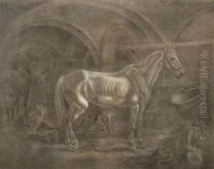 Pferde In Tonnengewolbtem Stallinterieur by Johann Adam Klein