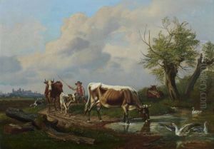 Hirte Mit Rindern Auf Dem Weg Zur Tranke. by Johann Adam Klein