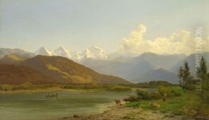 Hirtin Mit Rindern Am Ufer Eines Gebirgssees